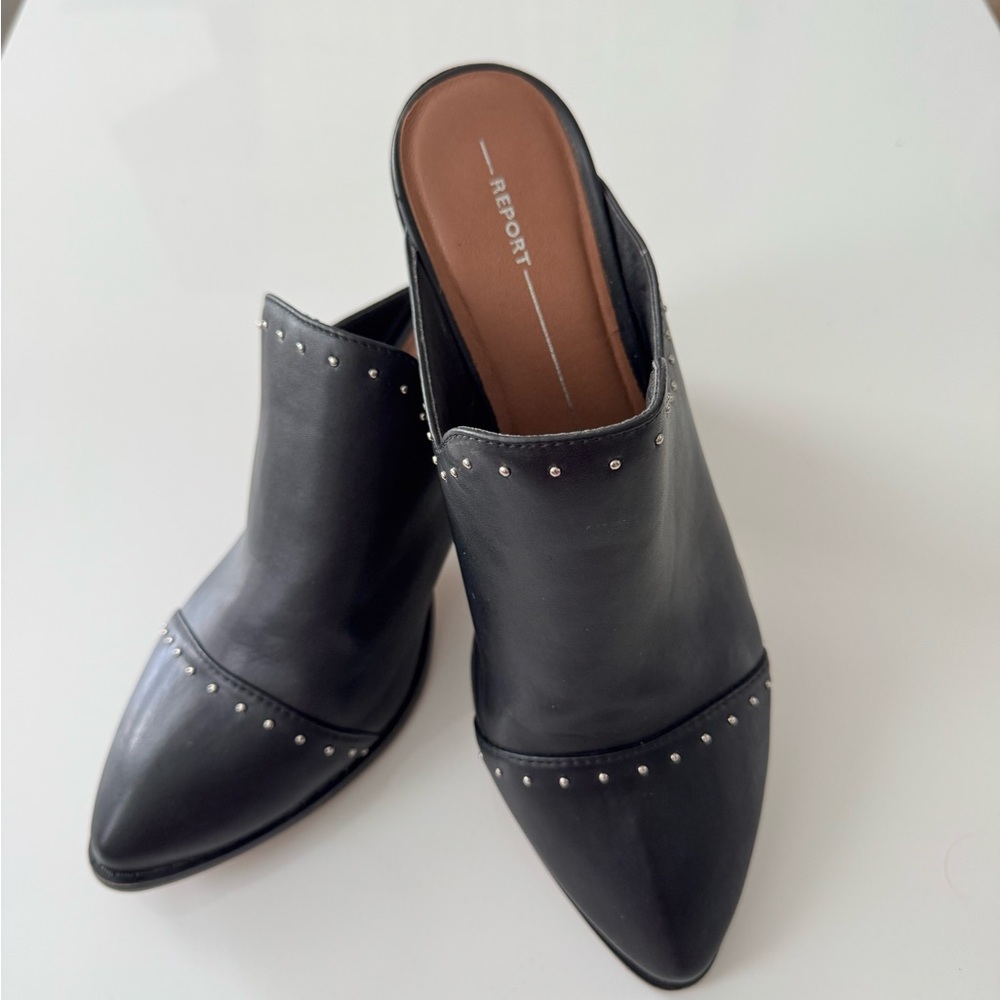 Report Black Studded Pointed Mule Slides